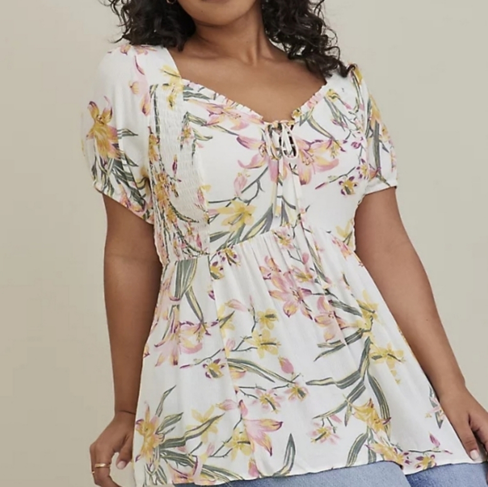 Torrid Floral Print Crinkle Babydoll Top Size 2X Smocked Back Boho Fairy Flowy